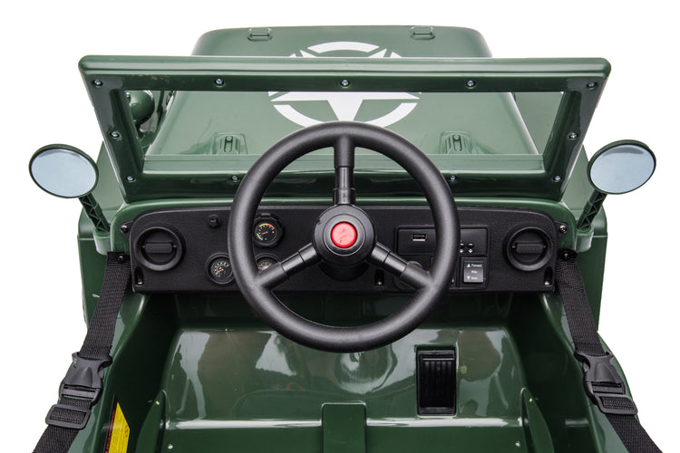 Toddler Willys Jeep electric ride-on with realistic features