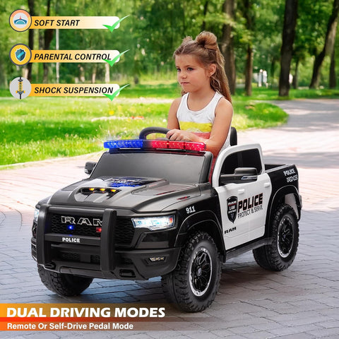 Official Licensed Dodge Ram 12V Kids Ride On Police Car with Remote